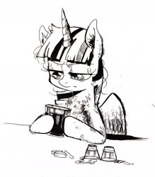 Size: 1626x1858 | Tagged: safe, artist:draw3, twilight sparkle, alicorn, pony, g4, 4chan, alcohol, bits, chest fluff, drawthread, female, glass, monochrome, shot glass, solo, twilight sparkle (alicorn)