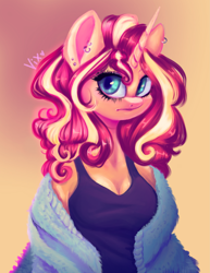 Size: 3087x4008 | Tagged: dead source, safe, artist:thewickedvix, sunset shimmer, unicorn, anthro, g4, clothes, cozy, ear piercing, earring, female, gradient background, jewelry, looking at you, mare, piercing, solo, tank top