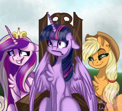 Size: 1865x1712 | Tagged: safe, artist:kittywoofers, applejack, princess cadance, twilight sparkle, alicorn, earth pony, pony, unicorn, fanfic:crossing the trixie bridge, g4, chest fluff, twilight sparkle (alicorn)