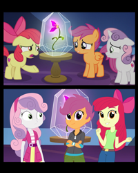 Size: 1276x1594 | Tagged: safe, artist:sketchmcreations, edit, edited screencap, screencap, apple bloom, scootaloo, sweetie belle, earth pony, human, pegasus, pony, unicorn, equestria girls, g4, growing up is hard to do, bow, comic, cutie mark crusaders, female, filly, floppy ears, flower, grin, gritted teeth, hair bow, hooves, horn, open mouth, pony to human, sad, screencap comic, smiling, tabun, tabun игробредации, twilight's castle, wings, wishing flower