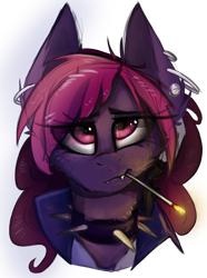 Size: 2000x2684 | Tagged: safe, artist:ignis, oc, oc only, oc:belladonna, bat pony, pony, art trade, collar, ear piercing, high res, piercing, simple background, smoking, solo, spiked collar, transparent background