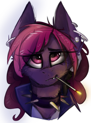 Size: 2000x2684 | Tagged: safe, artist:ignis, oc, oc only, oc:belladonna, bat pony, pony, art trade, collar, ear piercing, eye clipping through hair, high res, piercing, simple background, smoking, solo, spiked collar, transparent background