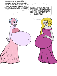 Size: 774x1033 | Tagged: safe, artist:fireboltpug, oc, oc:bundle joy, oc:gleaming grace, human, equestria girls, g4, belly, blushing, dialogue, duo, duo female, female, hand on belly, hyper, hyper pregnancy, multiple pregnancy, offspring, offspring's offspring, parent:oc:shimmering glow, parent:princess flurry heart, parents:canon x oc, pregnant