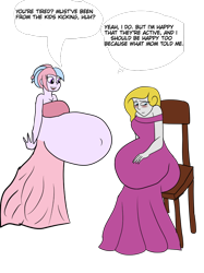 Size: 774x1033 | Tagged: safe, artist:fireboltpug, oc, oc:bundle joy, oc:gleaming grace, human, equestria girls, g4, belly, blushing, chair, dialogue, duo, duo female, female, hand on belly, hyper, hyper pregnancy, multiple pregnancy, offspring, offspring's offspring, parent:oc:shimmering glow, parent:princess flurry heart, parents:canon x oc, pregnant, sitting