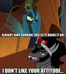 Size: 1280x1440 | Tagged: safe, edit, edited screencap, screencap, king sombra, queen chrysalis, changeling, changeling queen, pony, unicorn, g4, the beginning of the end, caption, curved horn, female, horn, image macro, jewelry, male, meme, text