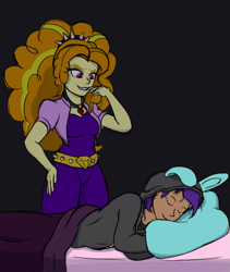 Size: 1075x1276 | Tagged: safe, artist:thehuskylord, adagio dazzle, oc, human, equestria girls, g4, bed, bunny ears, clothes, costume, crying, dangerous mission outfit, digital art, duo, female, hoodie, imminent rape, imminent sex, implied rape, lip bite, shading, simple background, sleeping, tulpa