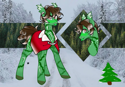 Size: 1297x902 | Tagged: safe, artist:aridoptables, oc, oc:evergreen, earth pony, pony, adopted, ear fluff, evergreen tree, male, snow, stallion, tongue out, tree