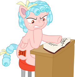 Size: 2986x3088 | Tagged: safe, alternate version, artist:poniidesu, cozy glow, pegasus, pony, g4, angry, blue mane, blue tail, book, bow, cozy glow is not amused, cozybetes, curly mane, cute, desk, female, filly, foal, freckles, friendship journal, high res, simple background, sitting, solo, stool, transparent background