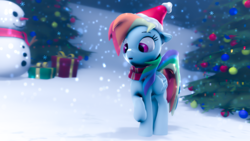 Size: 1920x1080 | Tagged: safe, artist:rainbowdashsnipers, rainbow dash, pegasus, pony, g4, 3d, christmas, christmas tree, clothes, cute, eyes on the prize, happy hearth's warming, hat, hearth's warming eve, holiday, present, santa hat, scarf, snow, snowfall, snowflake, snowman, source filmmaker, tree, weapons-grade cute
