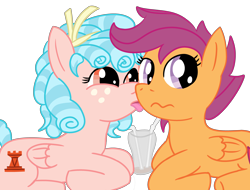 Size: 4096x3112 | Tagged: safe, artist:poniidesu, cozy glow, scootaloo, pegasus, pony, g4, blue mane, blue tail, bow, chocolate, chocolate milk, chocolate milkshake, colored, female, filly, flat colors, freckles, high res, lesbian, licking, milk, milkshake, mlem, orange eyes, prone, pure unfiltered evil, purple eyes, purple mane, sharing a drink, ship:cozyloo, shipping, silly, straw, tongue out, wavy mouth