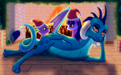 Size: 2064x1280 | Tagged: safe, artist:aterhut, princess ember, spike, twilight sparkle, dragon, pony, g4, christmas, fireplace, hat, holiday, looking at you, santa hat, sultry pose, trio