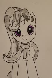 Size: 1434x2149 | Tagged: safe, artist:polar_storm, starlight glimmer, pony, unicorn, g4, clothes, female, hearth's warming, mare, monochrome, partial color, purple eyes, scarf, simple background, sketch, smiling, solo, traditional art, white background
