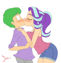 Size: 6990x7226 | Tagged: safe, artist:jeglegator, spike, starlight glimmer, human, equestria girls, g4, blushing, breasts, clothes, duo, eyes closed, female, humanized, kiss on the lips, kissing, lucky bastard, male, ship:sparlight, shipping, simple background, straight, stupid sexy starlight glimmer, surprise kiss, white background