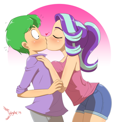 Size: 6990x7226 | Tagged: safe, alternate version, artist:jeglegator, spike, starlight glimmer, human, equestria girls, g4, blushing, breasts, clothes, eyes closed, female, gradient background, humanized, kiss on the lips, kissing, lucky bastard, male, shading, ship:sparlight, shipping, straight, stupid sexy starlight glimmer, surprise kiss