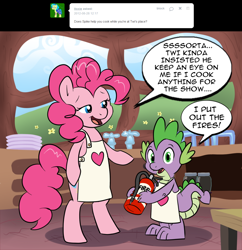 Size: 1156x1196 | Tagged: safe, artist:pippy, pinkie pie, spike, dragon, earth pony, pony, pinkiepieskitchen, g4, apron, bipedal, clothes, duo, female, fire extinguisher, looking at you, male, mare, speech bubble