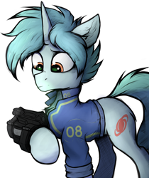 Size: 3360x4000 | Tagged: safe, artist:tatykin, oc, oc only, oc:nova dust, pony, unicorn, fallout equestria, chest fluff, clothes, ear fluff, jumpsuit, male, pipbuck, simple background, solo, stallion, vault suit, white background, ych result