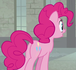 Size: 608x561 | Tagged: safe, screencap, pinkie pie, earth pony, pony, g4, the last laugh, balloonbutt, butt, cropped, female, mare, open mouth, plot, solo