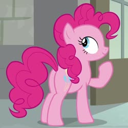 Size: 582x582 | Tagged: safe, screencap, pinkie pie, earth pony, pony, g4, the last laugh, balloonbutt, butt, cropped, female, mare, plot, raised hoof, smiling, solo