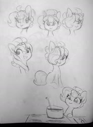 Size: 1373x1868 | Tagged: safe, artist:tjpones, oc, oc only, oc:brownie bun, earth pony, pony, cooking, female, imminent doom, mare, monochrome, pearl, simple background, solo, stove, traditional art, white background