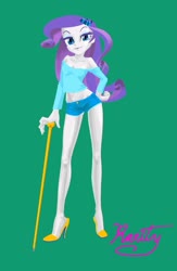 Size: 671x1026 | Tagged: safe, artist:dadss_rootbeer, rarity, equestria girls, g4, bedroom eyes, belly button, breasts, busty rarity, cleavage, clothes, female, green background, high heels, looking at you, midriff, shoes, short shirt, shorts, simple background, solo