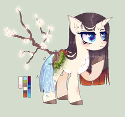 Size: 634x592 | Tagged: safe, artist:chuuniichan, oc, oc:kinosaki, original species, plant pony, pony, adopted, augmented tail, blushing, chest fluff, color palette, female, flower, green background, plant, raised hoof, simple background, tailmouth, tree