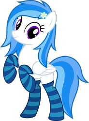 Size: 4000x5434 | Tagged: safe, artist:parclytaxel, oc, oc only, oc:winter white, pegasus, pony, 2020 community collab, derpibooru community collaboration, .svg available, absurd resolution, bipedal, clothes, female, flower, flower in hair, looking at you, mare, rearing, simple background, smiling, socks, solo, striped socks, transparent background, vector