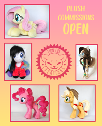 Size: 1060x1309 | Tagged: safe, artist:lioncubcreations, oc, alicorn, earth pony, pegasus, pony, unicorn, anthro, advertisement, anthro with ponies, clothes, commission, commission info, cute, irl, photo, plushie, socks