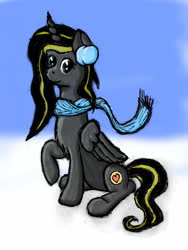 Size: 960x1280 | Tagged: safe, artist:bryastar, oc, oc only, oc:sable, alicorn, pony, alicorn oc, clothes, earmuffs, horn, looking at you, scarf, simple background, snow, solo