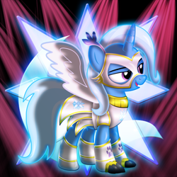 Size: 2000x2000 | Tagged: safe, artist:takamurakonata, trixie, pony, unicorn, g4, abstract background, artificial wings, augmented, clothes, female, high res, lidded eyes, mare, open mouth, raised eyebrow, smiling, smirk, solo, spread wings, wings