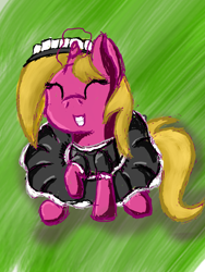 Size: 626x832 | Tagged: safe, artist:bryastar, oc, oc only, oc:bright star, pony, unicorn, clothes, looking at you, looking up at you, maid, simple background, sitting, smiling, solo