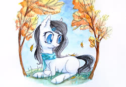 Size: 4170x2886 | Tagged: safe, artist:0okami-0ni, oc, oc only, pony, autumn, clothes, leaves, scarf, solo, traditional art, tree