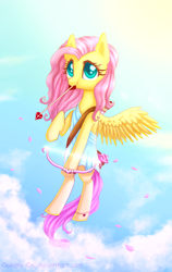 Size: 1200x1900 | Tagged: safe, artist:0okami-0ni, fluttershy, pony, g4, bow (weapon), clothes, cloud, cloudy, cupid, cute, dress, female, flying, shyabetes, sky, solo