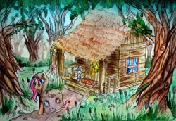 Size: 4136x2848 | Tagged: safe, artist:0okami-0ni, angel bunny, fluttershy, g4, clothes, coat, female, forest, house, solo, swamp, traditional art, tree