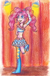 Size: 2304x3500 | Tagged: safe, artist:0okami-0ni, pinkie pie, human, equestria girls, g4, armpits, belly button, boots, clothes, female, high res, midriff, miniskirt, pigtails, shoes, skirt, solo, traditional art, twintails