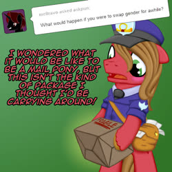 Size: 800x800 | Tagged: safe, artist:themovedragenda, oc, oc only, oc:pun, pony, ask pun, ask, bipedal, box, dick in a box, hat, mailpony uniform, male, rule 63, solo, stallion
