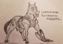 Size: 624x437 | Tagged: safe, artist:rabyruen, pony, avengers: infinity war, bald, endgame, hand, humor, infinity gauntlet, male, marvel, muscular male, ponified, random art, solo, stallion, text, thanos, traditional art