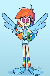 Size: 676x1024 | Tagged: safe, artist:cess_maga, rainbow dash, human, g4, clothes, converse, fingerless gloves, gloves, grin, humanized, rainbow socks, shoes, shorts, sleeveless, smiling, sneakers, socks, striped socks, winged humanization, wings