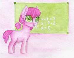 Size: 2677x2121 | Tagged: safe, artist:0okami-0ni, cheerilee, earth pony, pony, g4, blank flank, chalkboard, cheeribetes, cute, female, filly, foal, high res, huevember, math, mouth hold, solo, traditional art