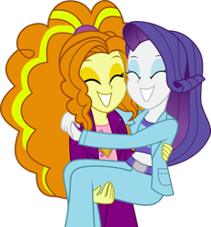 Size: 1280x1382 | Tagged: safe, artist:limedazzle, adagio dazzle, rarity, equestria girls, g4, adagity, carrying, cute, dazzlebetes, eyes closed, eyeshadow, female, lesbian, makeup, midriff, raribetes, shipping, show accurate, smiling