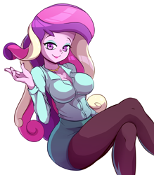 Size: 2800x3200 | Tagged: safe, artist:rockset, dean cadance, princess cadance, equestria girls, g4, breasts, busty princess cadance, cleavage, clothes, cute, cutedance, digital art, female, high res, looking at you, simple background, sitting, smiling, solo