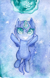 Size: 1280x2000 | Tagged: safe, artist:0okami-0ni, princess luna, alicorn, pony, g4, female, filly, huevember, solo, traditional art, woona, younger