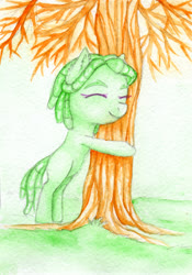 Size: 1400x2000 | Tagged: safe, artist:0okami-0ni, tree hugger, earth pony, pony, g4, eyes closed, female, filly, huevember, solo, traditional art, tree