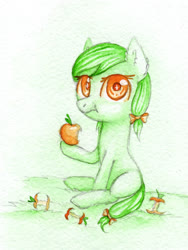 Size: 1500x2000 | Tagged: safe, artist:0okami-0ni, apple munchies, earth pony, pony, g4, apple, apple core, apple family member, eating, female, filly, food, hoof hold, huevember, looking at you, sitting, solo, traditional art