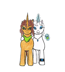 Size: 1417x1566 | Tagged: safe, artist:assertiveshypony, oc, oc:green scroll, oc:snowmoon, pony, unicorn, 2020 community collab, derpibooru community collaboration, clothes, hug, looking at you, magic, male, paper cup, scarf, simple background, transparent background