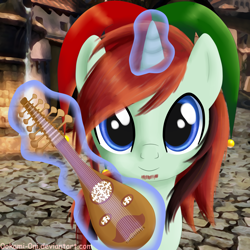 Size: 3000x3000 | Tagged: safe, artist:0okami-0ni, oc, oc only, pony, bard, fantasy class, hat, high res, lute, musical instrument, solo