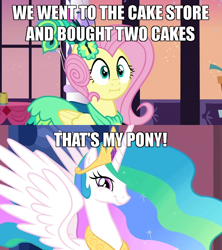 Size: 640x720 | Tagged: safe, edit, edited screencap, screencap, fluttershy, princess celestia, g4, make new friends but keep discord, season 2, season 5, the return of harmony, :i, :t, cake, cakelestia, caption, clothes, comic, crossing the memes, dress, faic, food, image macro, looking at you, meme, screencap comic, smiling, smirk, spread wings, text, that's my pony, that's my x, twiface, we bought two cakes, wings