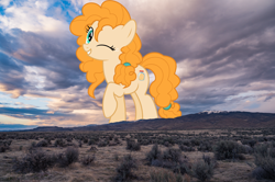 Size: 2400x1597 | Tagged: safe, artist:jhayarr23, artist:thegiantponyfan, pear butter, earth pony, pony, g4, female, giant earth pony, giant pony, giantess, highrise ponies, irl, macro, mountain, photo, ponies in real life, scenery