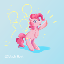 Size: 1080x1080 | Tagged: safe, artist:skullkittydraws, pinkie pie, earth pony, pony, g4, blue background, cute, cutie mark, diapinkes, female, mare, open mouth, rearing, simple background, solo