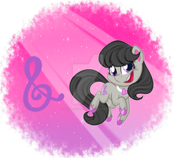 Size: 1600x1432 | Tagged: safe, artist:missbramblemele, octavia melody, earth pony, pony, g4.5, my little pony: pony life, bowtie, chibi, colored hooves, cute, cutie mark background, deviantart watermark, female, mare, obtrusive watermark, smiling, solo, tavibetes, watermark