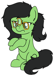 Size: 1418x2003 | Tagged: safe, artist:djdavid98, oc, oc only, oc:filly anon, earth pony, pony, 2020 community collab, derpibooru community collaboration, 3d glasses, crossed hooves, female, filly, filly anon is not amused, glasses, pun, simple background, sitting, solo, transparent background, unamused